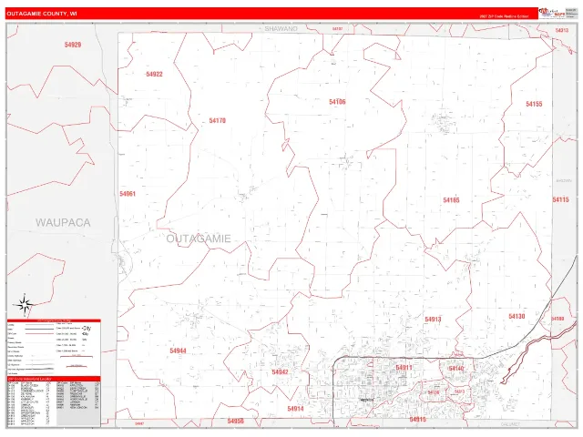 Outagamie County, WI ZIP Code Wall Map, RedLine style