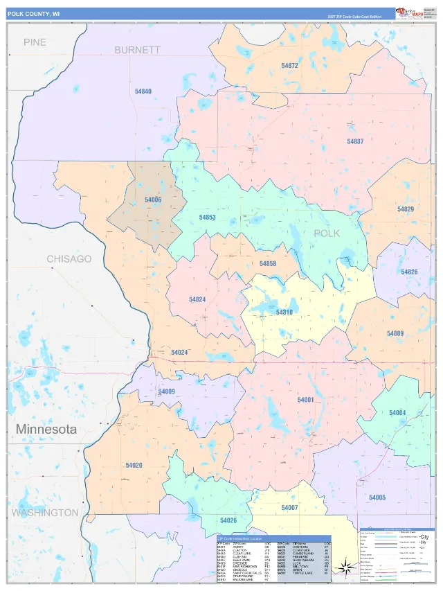 Polk County, WI ZIP Code Wall Map, ColorCast style
