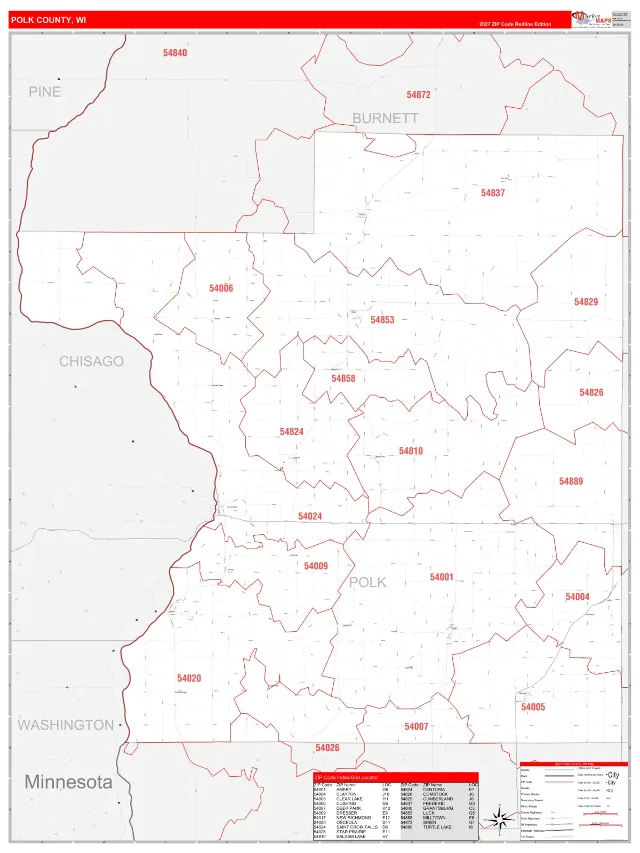Polk County, WI ZIP Code Wall Map, RedLine style
