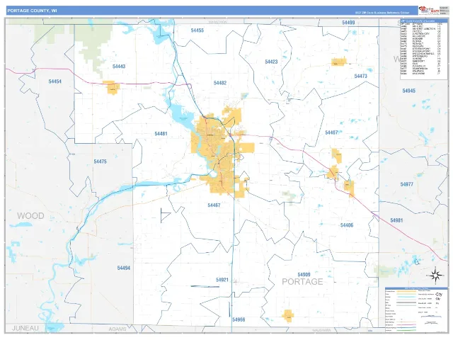 Portage County, WI ZIP Code Wall Map, Business Reference style
