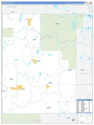 Price County, WI Business Reference style ZIP Code wall map