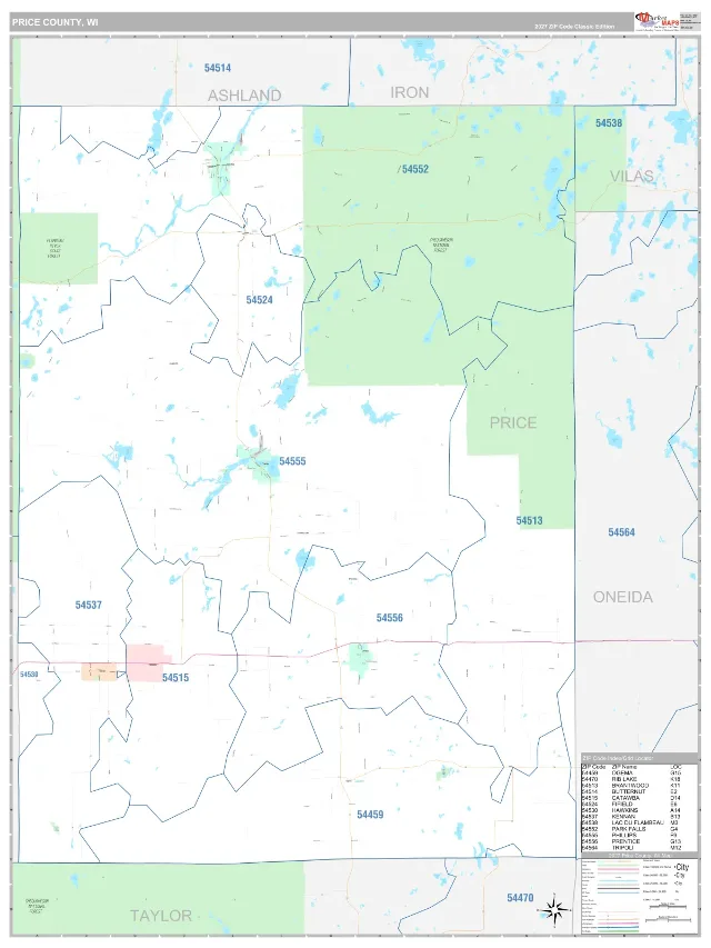 Price County, WI ZIP Code Wall Map, Classic style