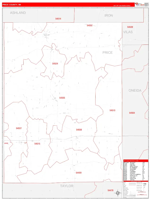 Price County, WI ZIP Code Wall Map, RedLine style