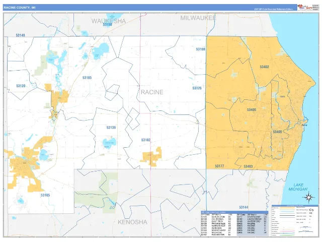 Racine County, WI ZIP Code Wall Map, Business Reference style