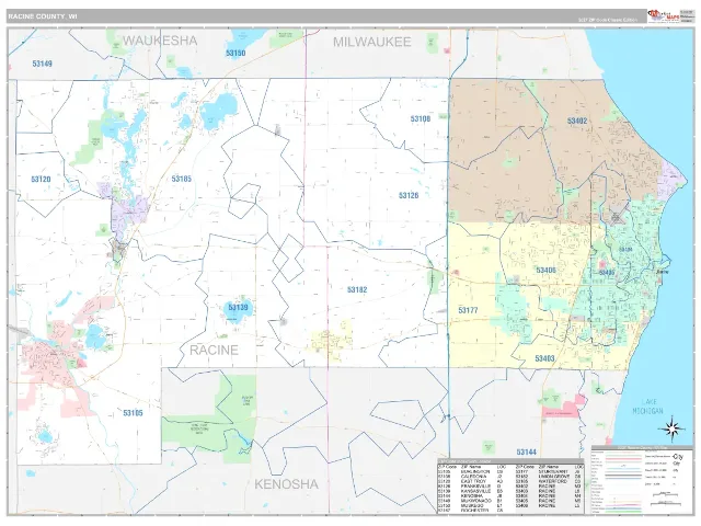 Racine County, WI ZIP Code Wall Map, Classic style