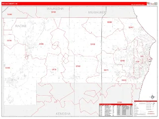 Racine County, WI RedLine style ZIP Code wall map