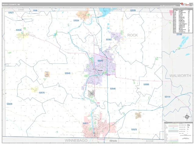Rock County, WI ZIP Code Wall Map, Classic style