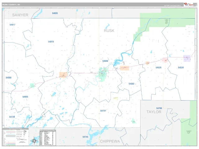 Rusk County, WI ZIP Code Wall Map, Classic style