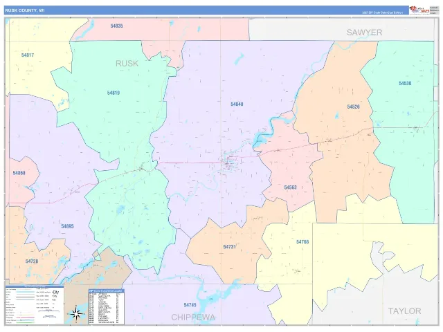 Rusk County, WI ZIP Code Wall Map, ColorCast style