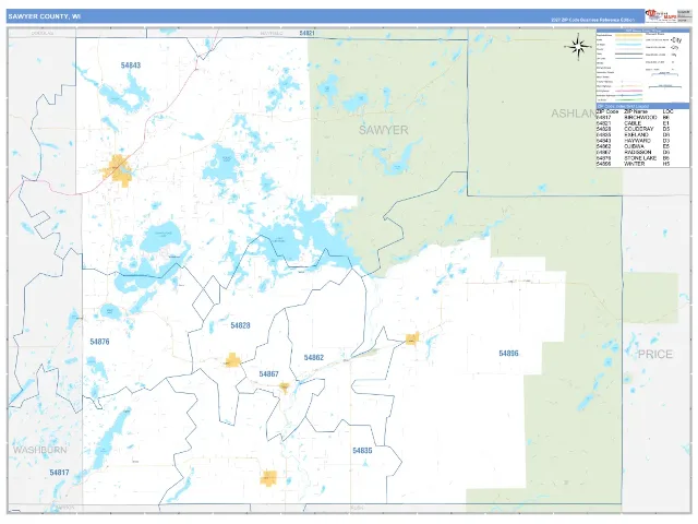 Sawyer County, WI ZIP Code Wall Map, Business Reference style