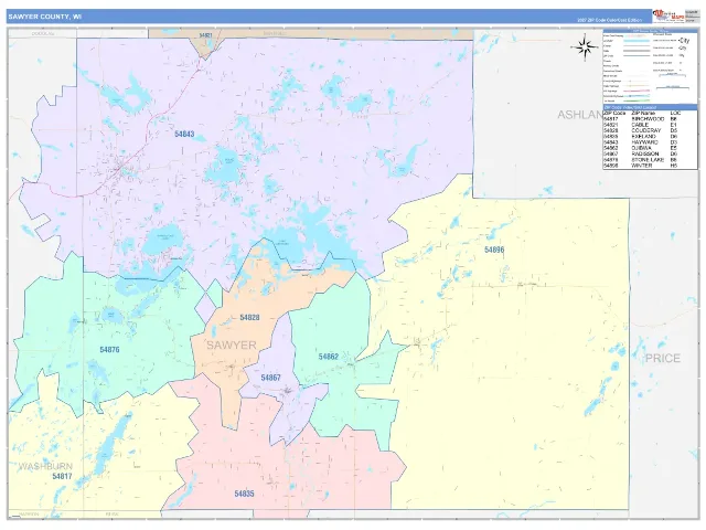 Sawyer County, WI ZIP Code Wall Map, ColorCast style