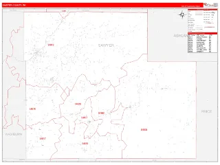 Sawyer County, WI RedLine style ZIP Code wall map