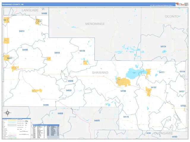 Shawano County, WI ZIP Code Wall Map, Business Reference style