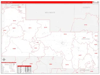 Shawano County, WI RedLine style ZIP Code wall map