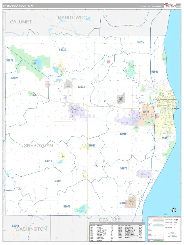 Sheboygan County, WI ZIP Code Wall Map, Classic style