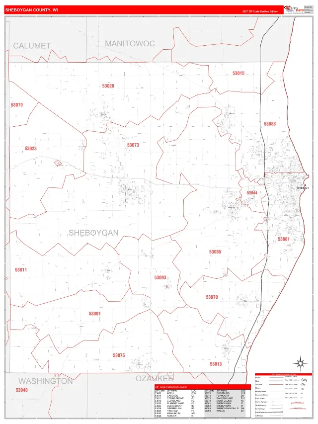 Sheboygan County, WI ZIP Code Wall Map, RedLine style