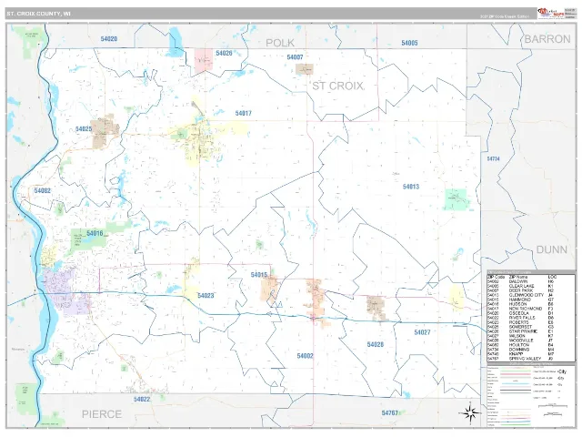 St. Croix County, WI ZIP Code Wall Map, Classic style