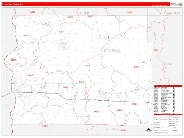 St. Croix County, WI ZIP Code Wall Map, RedLine style