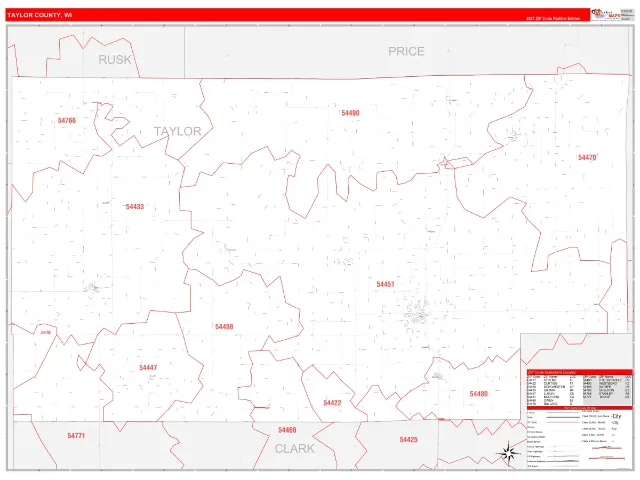 Taylor County, WI ZIP Code Wall Map, RedLine style