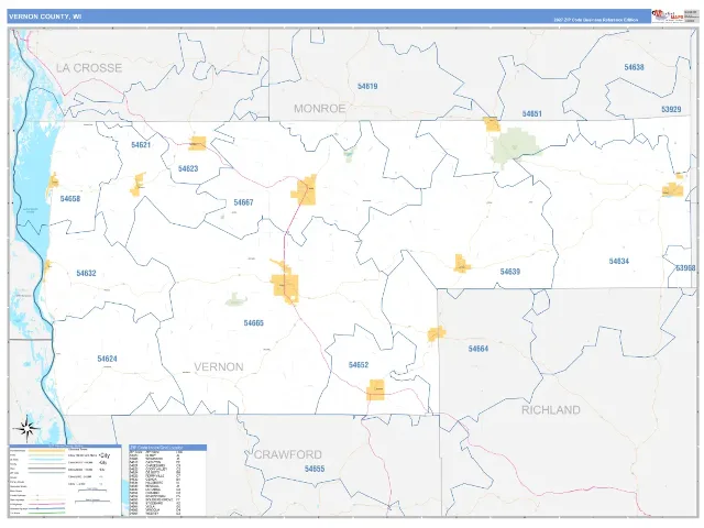 Vernon County, WI ZIP Code Wall Map, Business Reference style