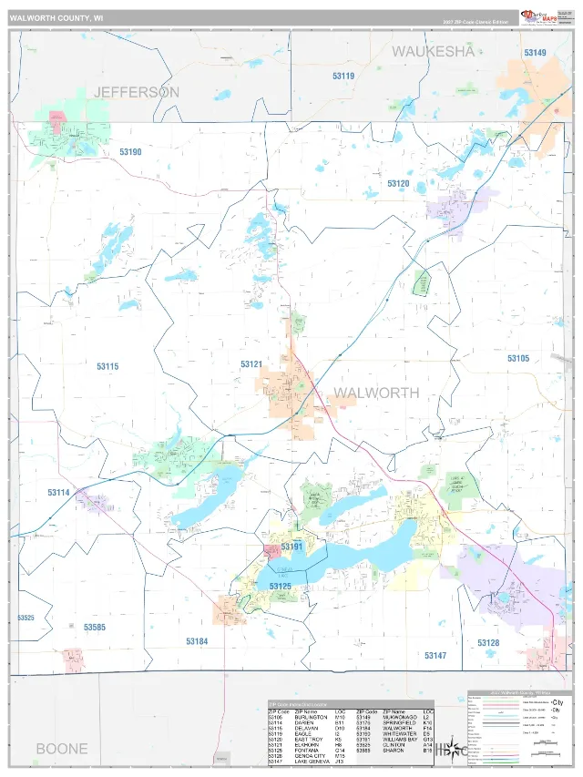 Walworth County, WI ZIP Code Wall Map, Classic style