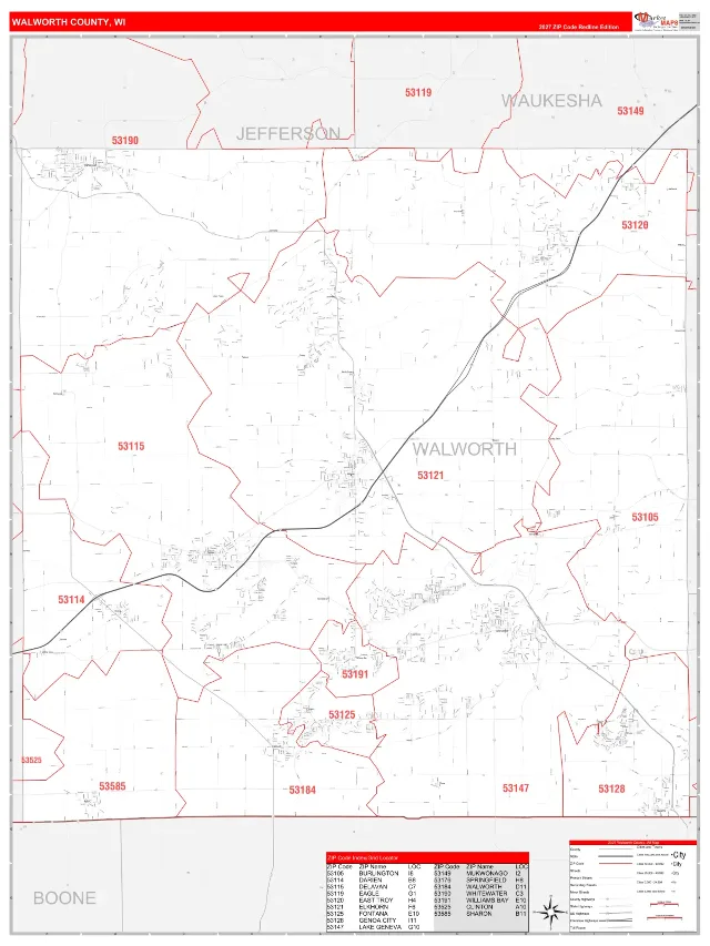 Walworth County, WI ZIP Code Wall Map, RedLine style