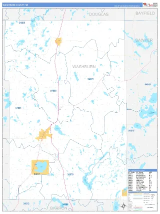 Washburn County, WI Business Reference style ZIP Code wall map