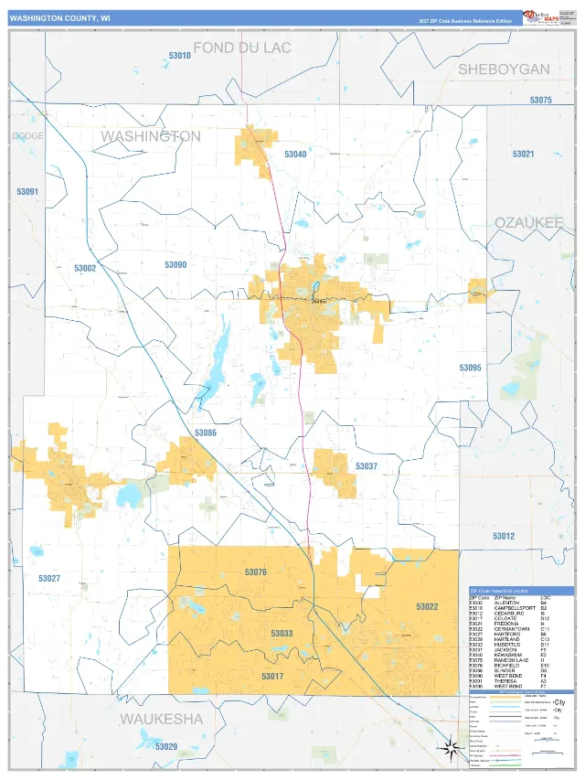 Washington County, WI ZIP Code Wall Map, Business Reference style
