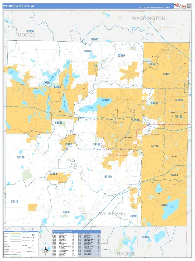 Waukesha County, WI ZIP Code Wall Map, Business Reference style
