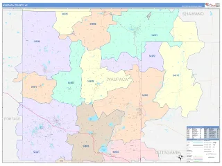 Waupaca County, WI ColorCast style ZIP Code wall map