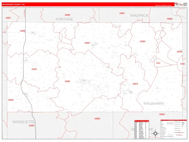 Waushara County, WI ZIP Code Wall Map, RedLine style