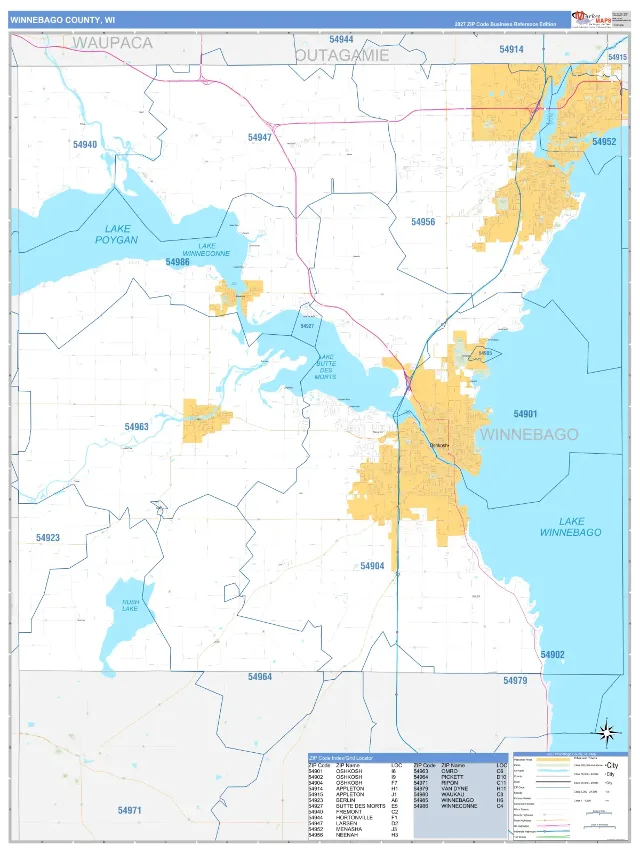 Winnebago County, WI ZIP Code Wall Map, Business Reference style