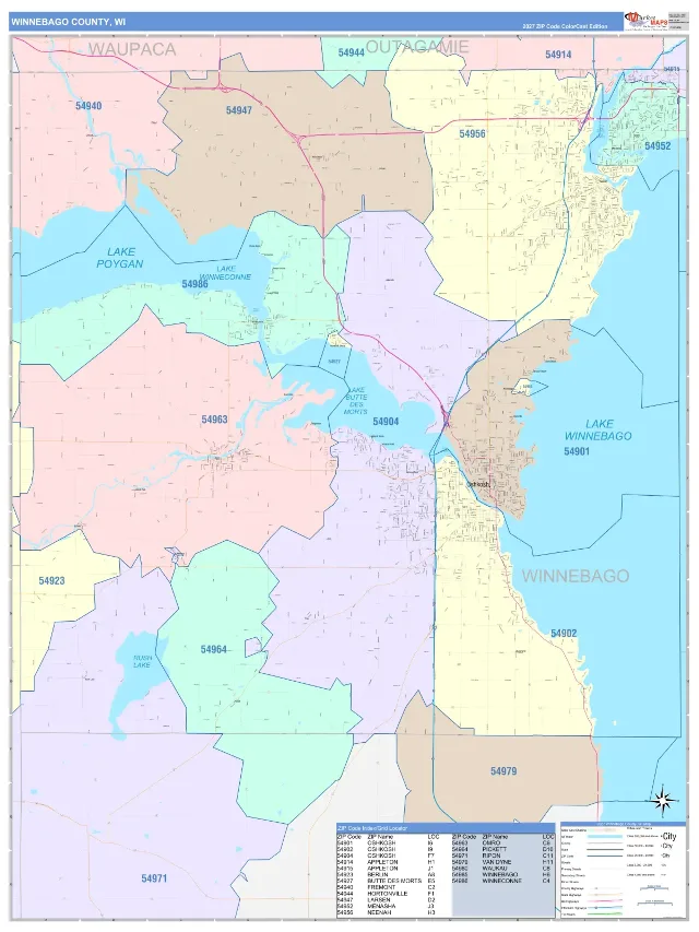 Winnebago County, WI ZIP Code Wall Map, ColorCast style