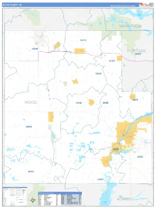 Wood County, WI Business Reference style ZIP Code wall map
