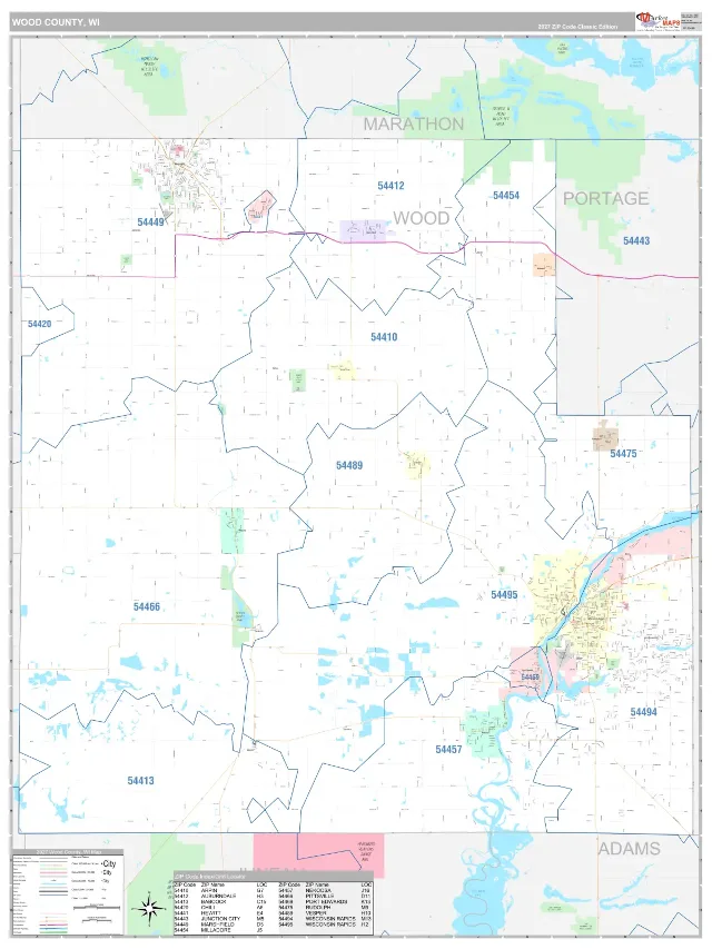 Wood County, WI ZIP Code Wall Map, Classic style