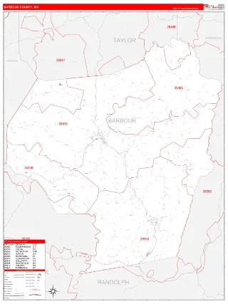 Barbour County, WV RedLine style ZIP Code wall map