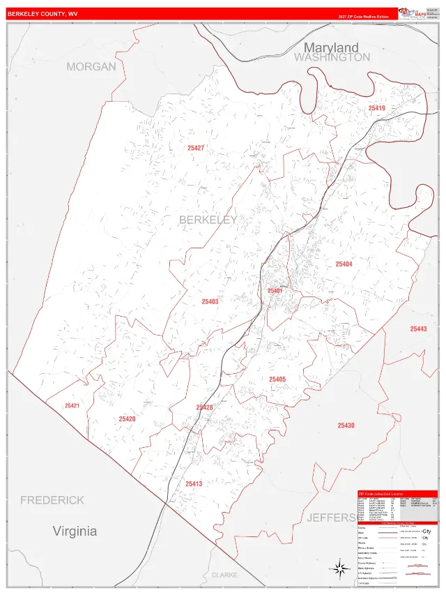 Berkeley County, WV ZIP Code Wall Map, RedLine style