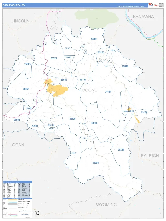 Boone County, WV ZIP Code Wall Map, Business Reference style