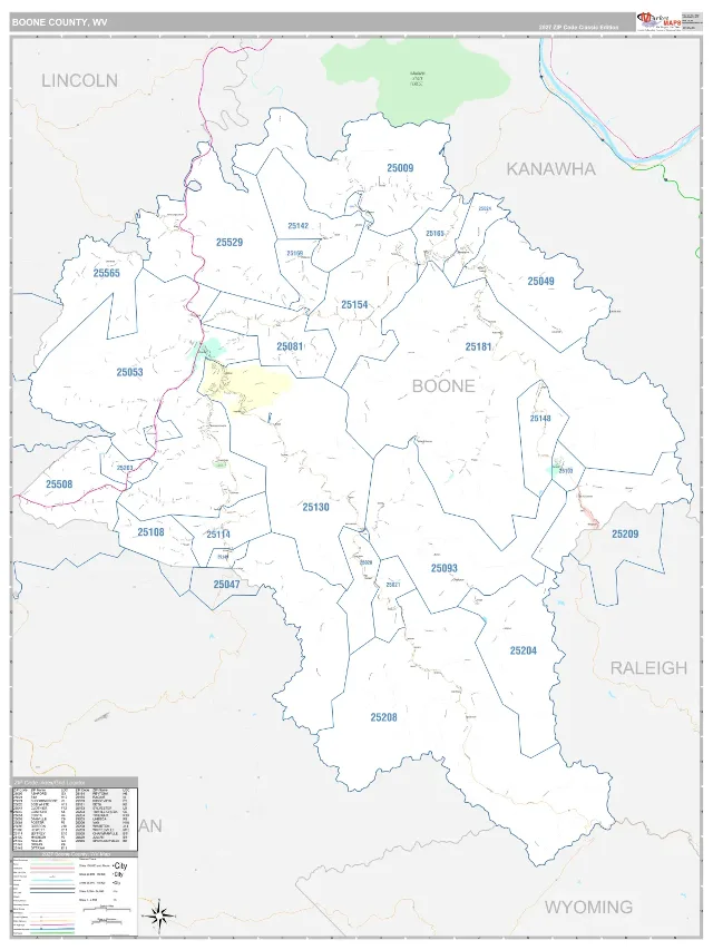 Boone County, WV ZIP Code Wall Map, Classic style