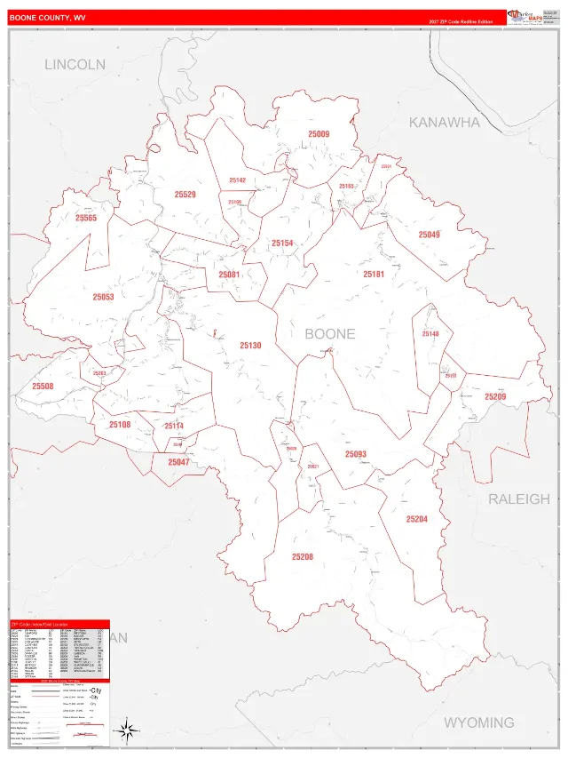 Boone County, WV ZIP Code Wall Map, RedLine style