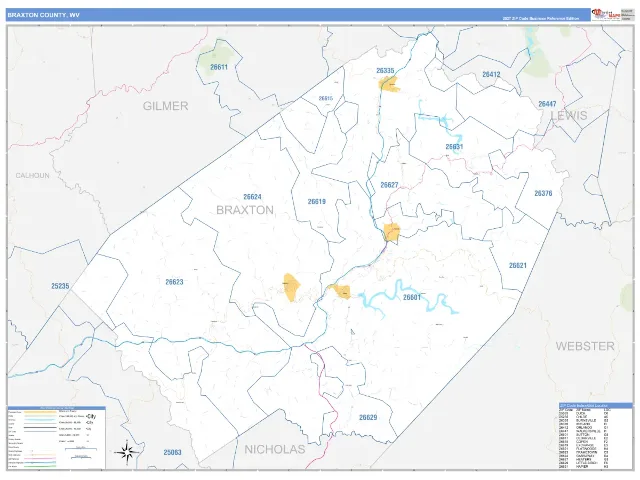 Braxton County, WV ZIP Code Wall Map, Business Reference style