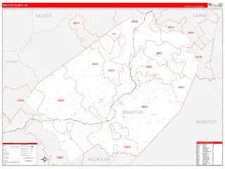 Braxton County, WV RedLine style ZIP Code wall map