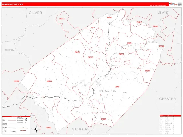 Braxton County, WV ZIP Code Wall Map, RedLine style