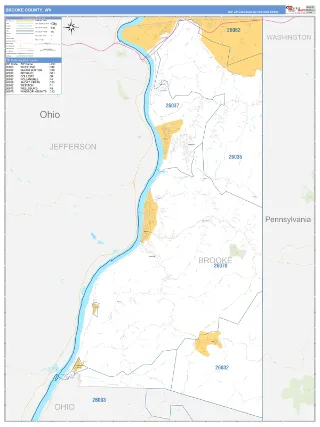 Brooke County, WV Business Reference style ZIP Code wall map