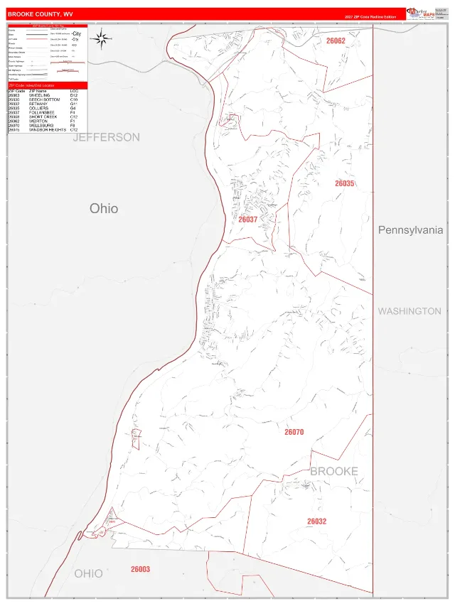Brooke County, WV ZIP Code Wall Map, RedLine style