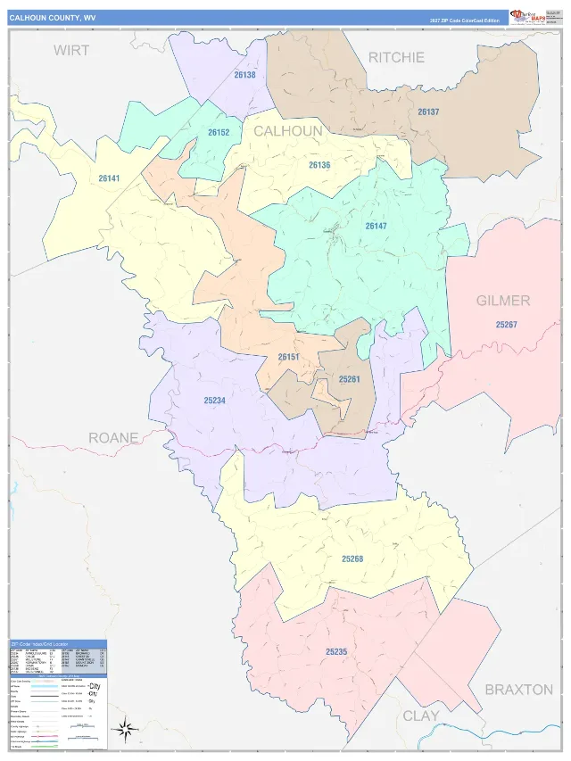 Calhoun County, WV ZIP Code Wall Map, ColorCast style