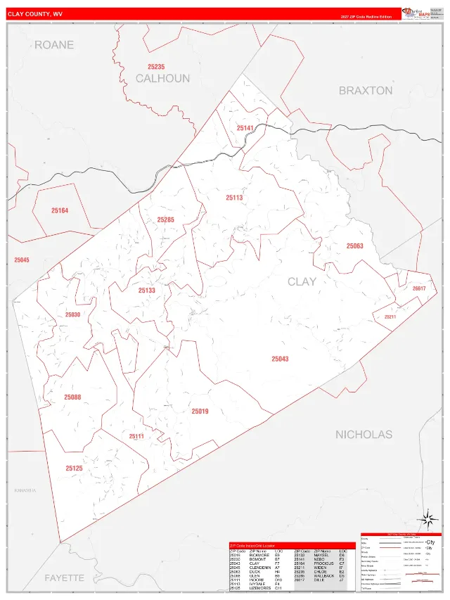 Clay County, WV ZIP Code Wall Map, RedLine style