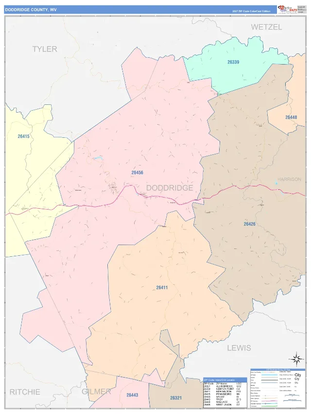 Doddridge County, WV ZIP Code Wall Map, ColorCast style