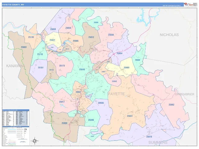 Fayette County, WV ZIP Code Wall Map, ColorCast style