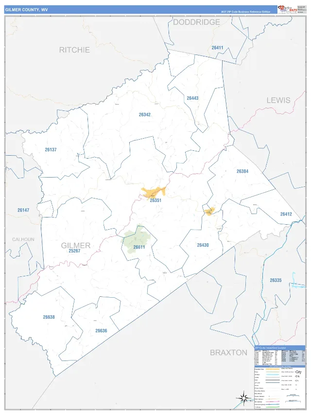 Gilmer County, WV ZIP Code Wall Map, Business Reference style